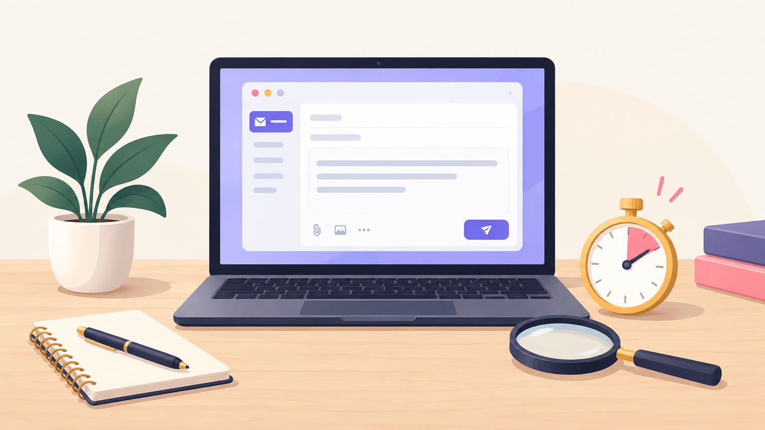 Illustration of a laptop with an email draft, a stopwatch and a magnifying glass