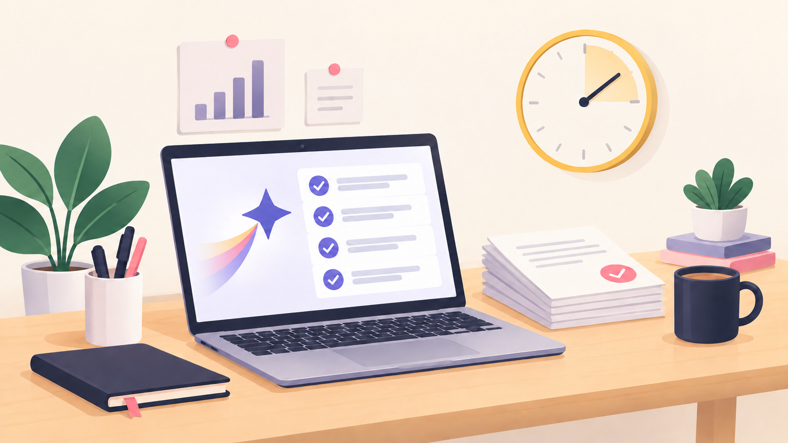 Illustration of a desk with a laptop showing finished tasks, paid invoices and a clock