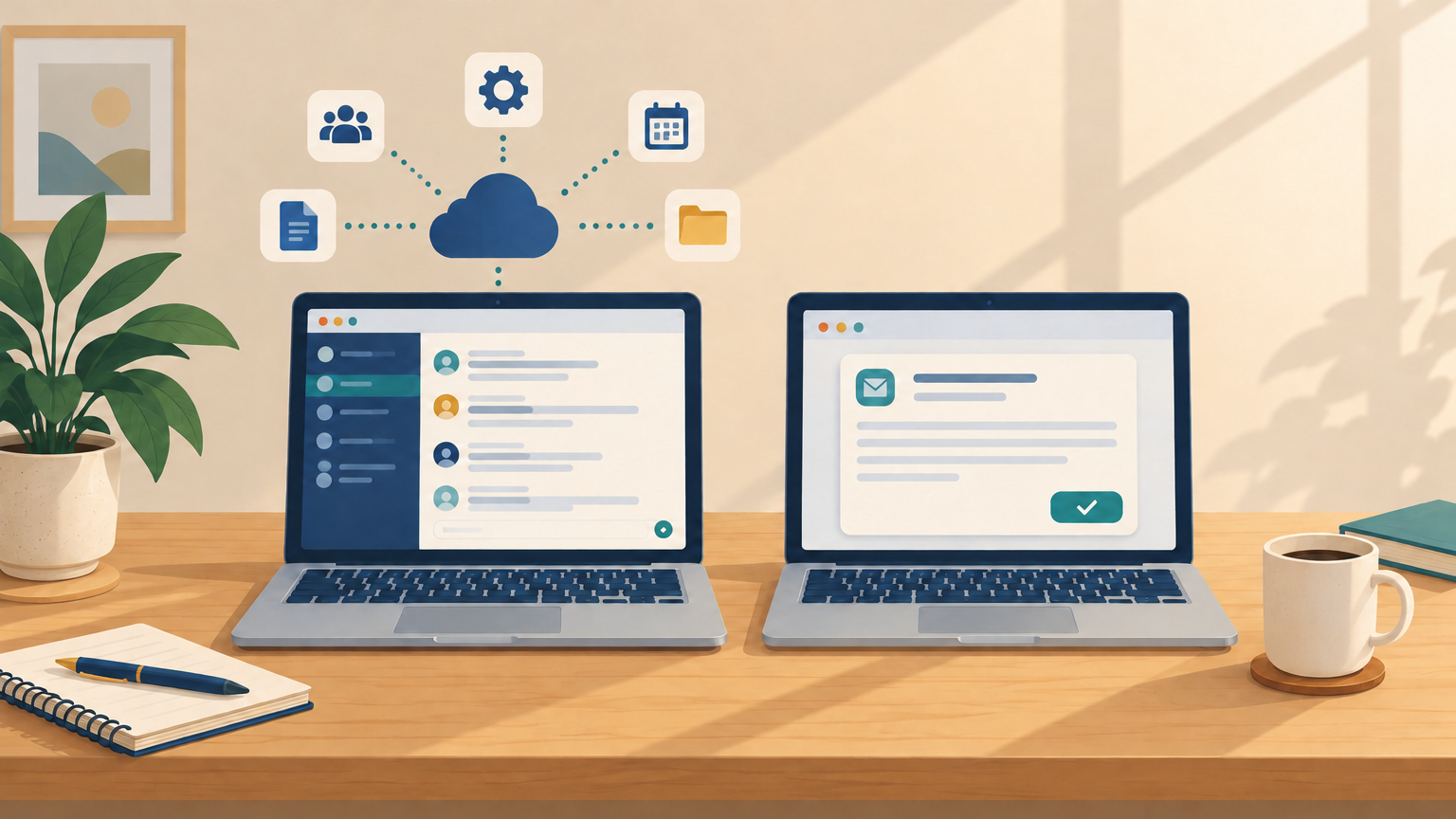Two laptops on a desk, one showing a team chat linked to cloud tools, one showing a draft email waiting for approval