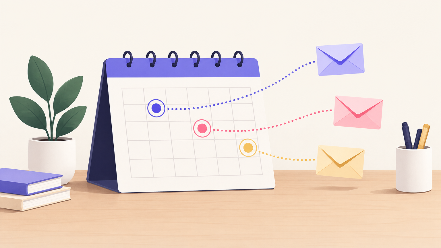 Illustration of a calendar with three circled days linked to follow-up envelopes