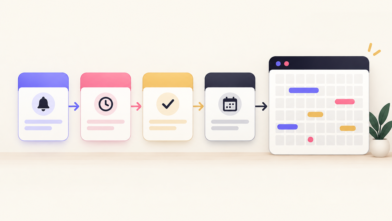 Illustration of four message cards with a bell, clock, check mark and calendar icon