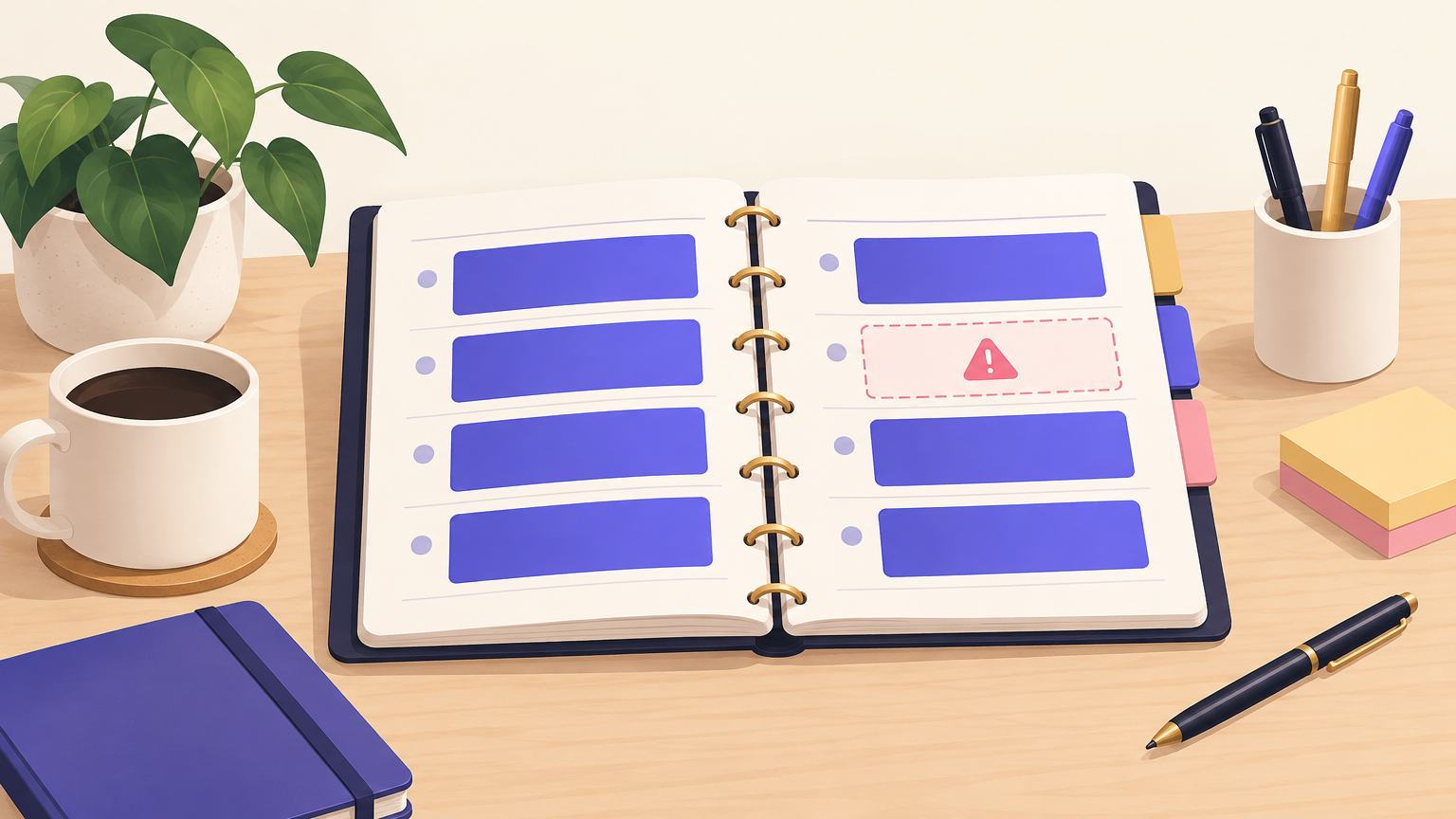 Illustration of an appointment book with filled slots and one empty slot marked with a warning sign