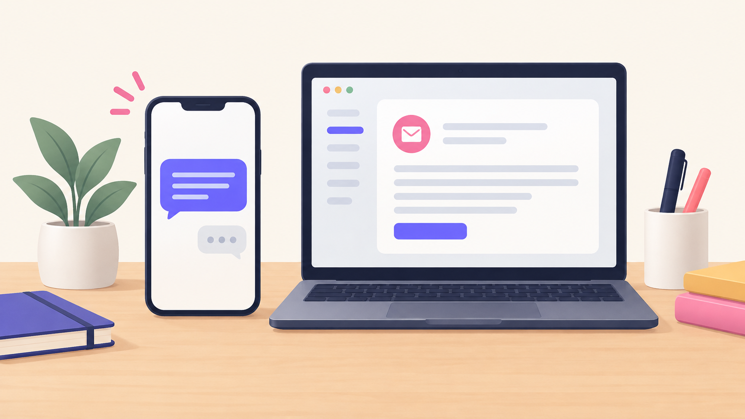 Illustration of a phone with a text bubble and a laptop with an email card