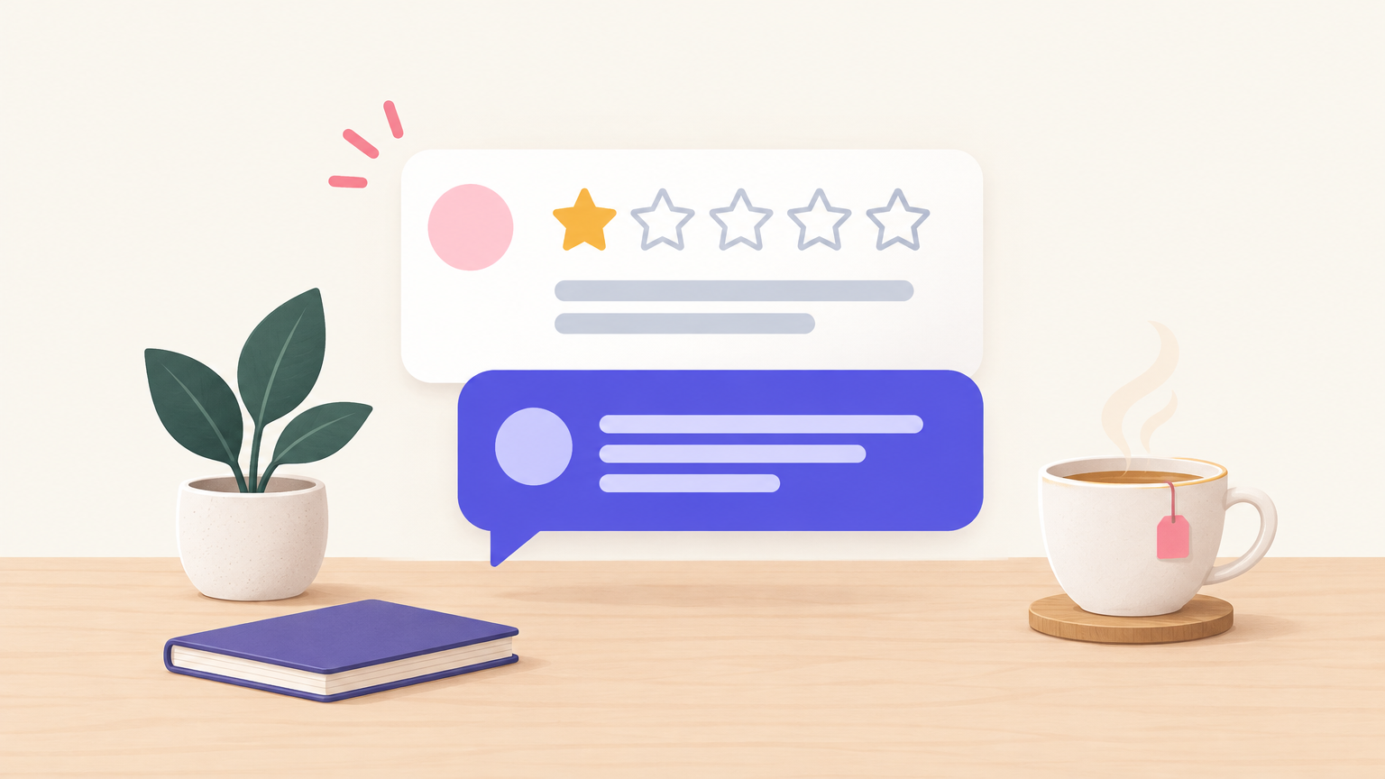 Illustration of a one star review card with a calm reply bubble and a cup of tea