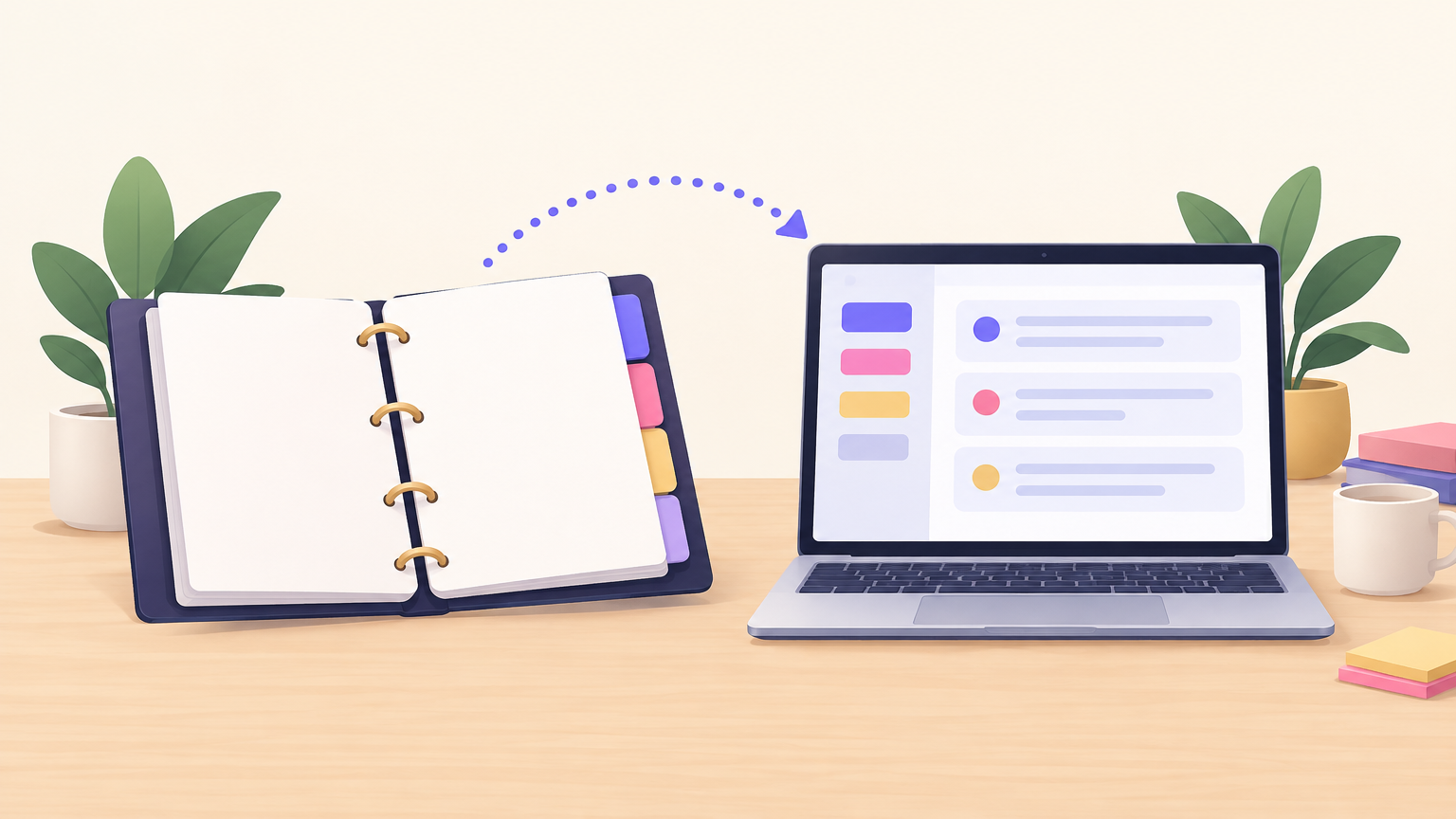 Illustration of a binder of answers with an arrow leading into a laptop