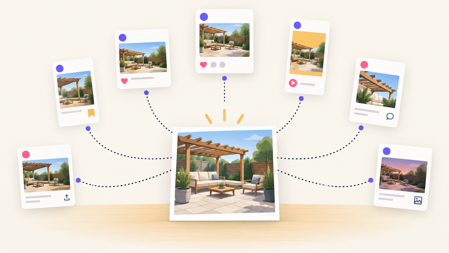 Illustration of one job photo branching into seven social post cards