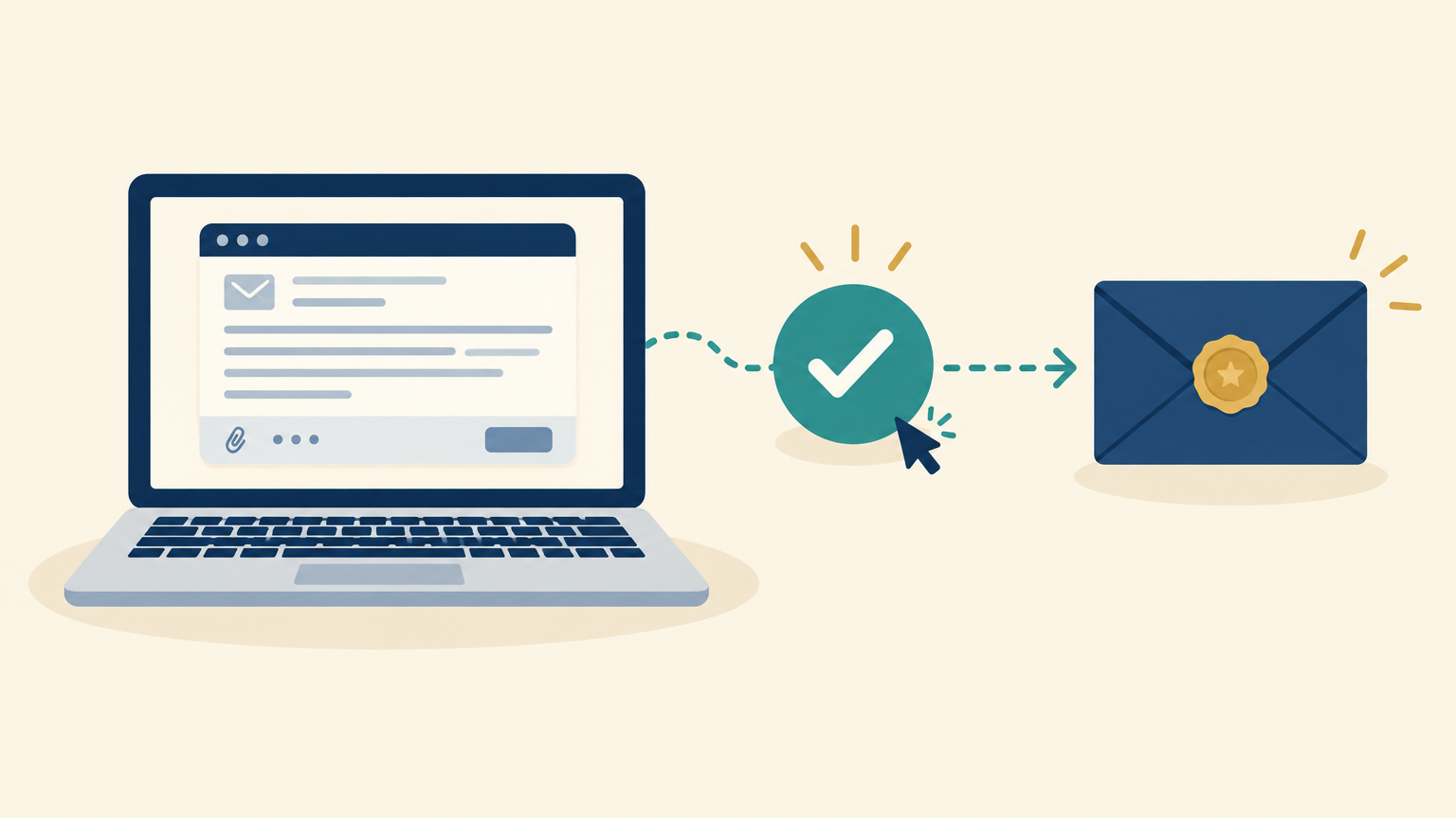 A draft email on a laptop waiting for an approval check mark before it is sent
