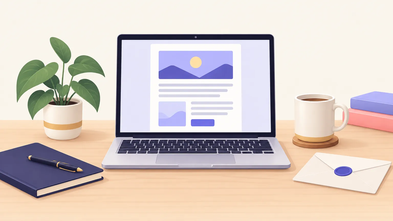 A laptop on a desk showing an email newsletter layout, with a coffee mug and a sealed envelope